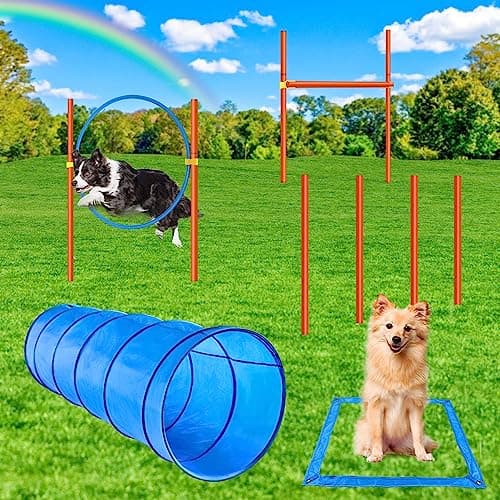 XiaZ Dog Agility Course Backyard Set, Dog Obstacle Course Training Starter Kit Pet Outdoor Game with Tunnel, Agility Hurdle, Weave Poles, Jump Ring, Pause Box, Collapsible Dog Bowls and Storage Bag image