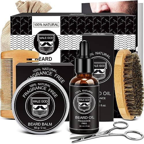 MALE GOD Beard Kit w/Beard Oil, Balm, Brush, Comb - Nourish, Soften, Split End Treatment, Anti-Itch, Suitable for Sensitive Skin image