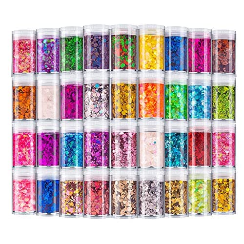 Holographic Chunky Glitter, Set of 36 Colors Craft Glitter Sparkle Sequins, Cosmetic Glitter Flake for Epoxy Resin, Body, Face, Eye, Nail Arts, Slime Making, Wedding Festival Party Decoration image