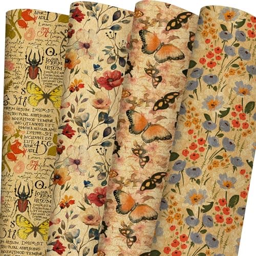 SaringSwoon Kraft Floral Wrapping Paper - Watercolor Gift Wrap With Vintage Flower, Butterfly, Newspaper Design for Wedding, Bridal Shower, Mother's Day, Birthday, Christmas - 8 Sheets, 20 x 29 Inches image