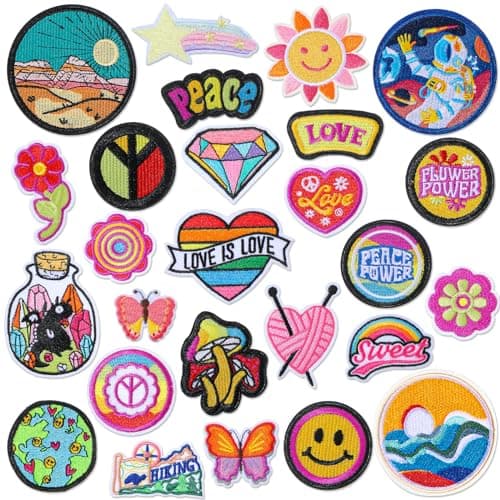 26 Pieces Embroidered Hippie Iron on Patches for Clothing, Appliques Retro Space Planets Repair Patches Kit for Craft Backpacks Clothing DIY Decorate(Flower) image