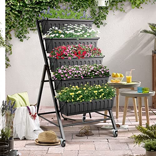 Suyncll Vertical Raised Garden Bed Planter Box, 5 Tiers Vertical Garden Planter with Drainage System & 4 Hooks & Removable Locking Wheels for Herb Vegetables Flowers (Black with Wheels) image