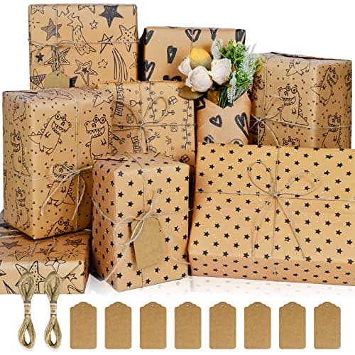 Wrapping Paper Set,Eco Gift Wrapping Paper Folded Sheets,Birthday Gift Wrap Set,Recycled Kraft Birthday Wrapping Paper Kit,Eco Birthday Wrap Birthday PaperWrapping,Gift Rapping Paper for Gift Wrapper paper GiftRapper Paper for Girls Kids Man Boys Women,with Tags&string (6 Sheets, 27.5"Lx19.6"W per Sheet) image