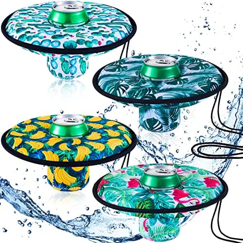 Rtteri 4 Pcs Neoprene Floating Drink Holder Floating Coaster Pool Drink Holder Pool Beer Holder with Rope for Summer Party Tub Lake Boat Water Fun, Medium Size (Tropical Style) image